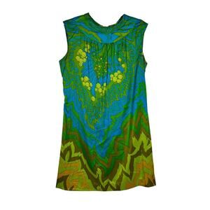 Vintage 1960s Psychedelic Shift Dress House of Lord's Blue Green Floral Silk